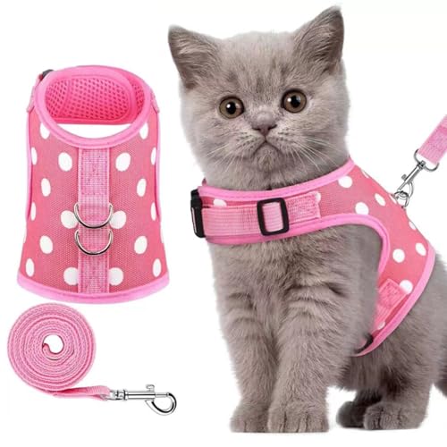 Haustiergeschirr mit Leine, Obstdruck, für Katzen und Hunde, verhindert das Entkommen, verstellbar, für Katzen, Welpen, Spaziergänge, Training, Sicherheitsvorrichtung, Größe XS (rosa Punkte) von MeiAOBest