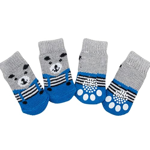 Haustiersocken, niedlich, gestrickt, rutschfest, für Katzen und Hunde, Pfotenschutz, für drinnen und draußen, für heiße Gehwege, Hartholzbodenschutz, Größe S (blauer Bär), 4 Stück von MeiAOBest