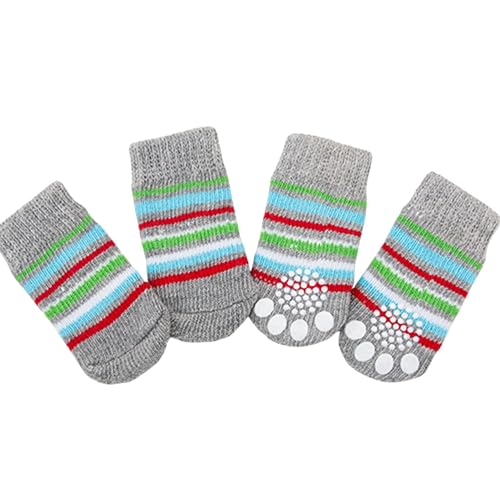 Haustiersocken, niedlich, gestrickt, rutschfest, für Katzen und Hunde, Pfotenschutz, für drinnen und draußen, für heiße Gehwege, Hartholzbodenschutz, Größe S (graue Streifen), 4 Stück von MeiAOBest