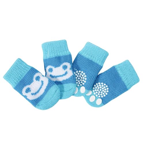 Haustiersocken, niedlich, gestrickt, rutschfest, für Katzen und Hunde, Pfotenschutz, für drinnen und draußen, für heißen Gehweg, Hartholzbodenschutz, Größe M (blauer Frosch), 4 Stück von MeiAOBest
