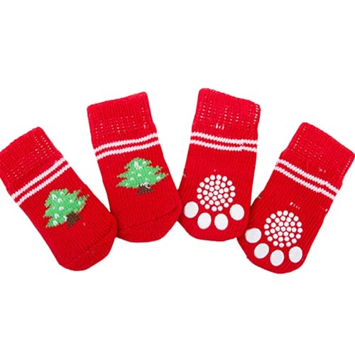 Haustiersocken, niedlich, gestrickt, rutschfest, für Katzen und Hunde, Pfotenschutz, für drinnen und draußen, für heißen Gehweg, Hartholzbodenschutz, Größe S (roter Baum), 4 Stück von MeiAOBest