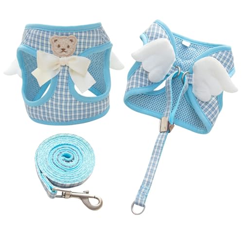Hundegeschirr für kleine Hunde, Leinen-Set mit Engelsflügeln, atmungsaktiv, verstellbar, für den Sommer, Netzstoff, kariert, mit Schleife, Bärenflügeln für Katzen, Welpen, kleine Hunde, Größe S, Blau Hundegeschirr für kleine Hunde, Leinen-Set mit Engelsflügeln, atmungsaktiv, verstellbar, für den Sommer, Netzstoff, kariert, mit Schleife, Bärenflügeln für Katzen, Welpen, kleine Hunde, Größe S, Blau von MeiAOBest