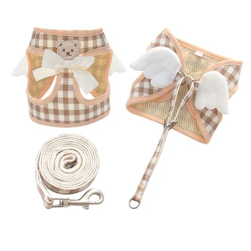 Hundegeschirr für kleine Hunde, Leinen-Set mit Engelsflügeln, atmungsaktiv, verstellbar, für den Sommer, Netzstoff, kariert, mit Schleife, Bärenflügeln für Katzen, Welpen, kleine Hunde, Größe M, Khaki von MeiAOBest