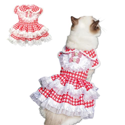Hundekleid mit Hahnentrittmuster, Prinzessinnen-Tutu-Rock, kariert, Kleidung mit Spitzenschleife, Sommerkaro, für Hochzeit, Party, Alltag, Partys, Fotos, Größe 7XL (roter Rock) von MeiAOBest