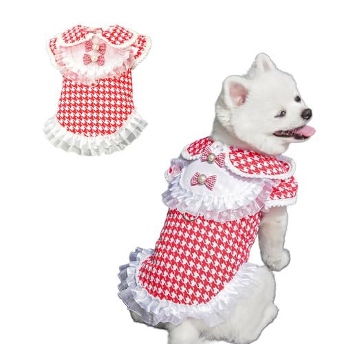 Hundekleid mit Hahnentrittmuster, Prinzessinnen-Tutu-Rock, kariert, Kleidung mit Spitzenschleife, Sommerkaro, für Hochzeit, Party, Alltag, Partys, Fotos_L (rotes Hemd) von MeiAOBest