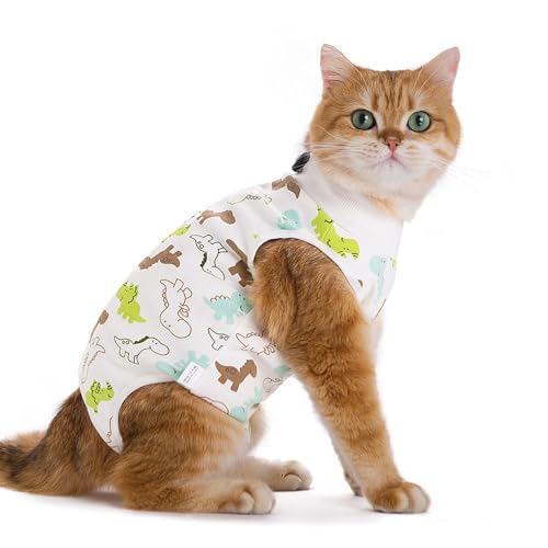 MeiAOBest Genesungsanzug für Katzen, Entwöhnung, Kastrierung, Anti-Leck-Shirts, Weste, Bauchwunden, Schutz, Bodysuit_S (rotierender Dinosaurier) von MeiAOBest
