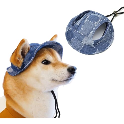 Runde Hüte für kleine Hunde, Katzen- und Hunde, Fischerhut mit Ohrloch, verstellbarer Haustier-Sonnenschutz, Reise-/Sporthut für Katzen, kleine, mittelgroße Hunde, Größe L, Dunkelblau (Denim) von MeiAOBest