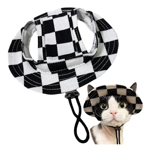 Runde Hüte für kleine Hunde, Katzen- und Hunde, Fischerhut mit Ohrloch, verstellbarer Haustier-Sonnenschutz, Reise-/Sporthut für Katzen, kleine, mittelgroße Hunde, Größe M, Schwarz kariert Runde Hüte für kleine Hunde, Katzen- und Hunde, Fischerhut mit Ohrloch, verstellbarer Haustier-Sonnenschutz, Reise-/Sporthut für Katzen, kleine, mittelgroße Hunde, Größe M, Schwarz kariert von MeiAOBest
