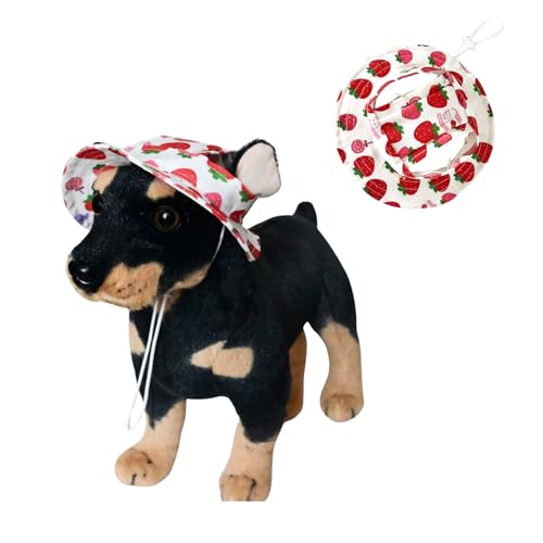 Runde Hüte für kleine Hunde, Katzen- und Hunde, Fischerhut mit Ohrloch, verstellbarer Haustier-Sonnenschutz, Reise-Sporthut für Katzen, kleine, mittelgroße Hunde, Größe L (Erdbeere) von MeiAOBest