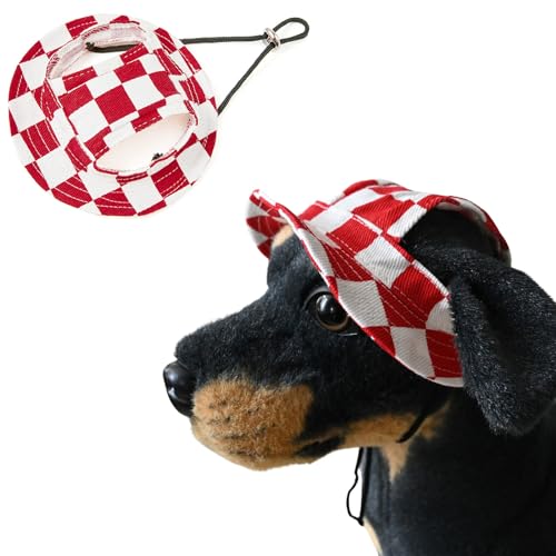 Runde Hüte für kleine Hunde, Katzen- und Hunde, Fischerhut mit Ohrloch, verstellbarer Haustier-Sonnenschutz, Reise-Sporthut für Katzen, kleine, mittelgroße Hunde, Größe S (rot kariert) von MeiAOBest
