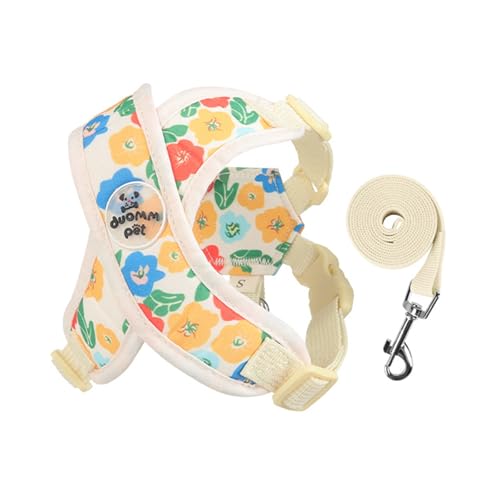 X-Type Hundegeschirr, mit Leine, verstellbar, atmungsaktiv, für kleine Hunde, Blume, kein Würgen, ausbruchsicher, für den Außenbereich, für kleine und mittelgroße Hunde, Größe L, Gelb von MeiAOBest