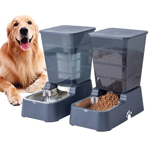 5L Automatischer Hundefutterspender und Hundewasserspender Katzenfutterspender und Katzenwasserspender für mittelgroße Und große Hunde Katzen Und Andere Haustiere Tiere (5L Dunkelgrau Set) von Meijeegu
