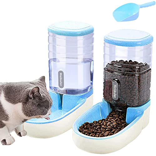 Automatischer Futterspender 3.8L mit Schaufel,Wasserspender 3.8L Feeder Futterautomat Trockenfutter Spender Futterstation für Hunde Katze Haustiere (Blau) von Meijeegu