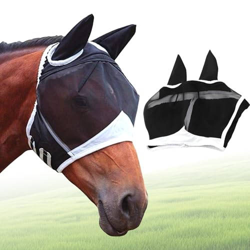 Fliegenmaske Pferd,Pferdemaske,Pferdemaske mit Ohren Schützerschutz,Pferdemaske mit Gummizug Atmungsaktives Mesh Fliegenschutz Pferd Cob mit Ohrenschutz Größe L (Schwarz) von Mein HERZ