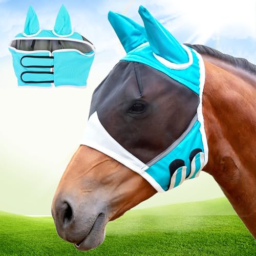 Mein HERZ Pferdemaske,Fliegenmaske Pferd,Pferdemaske mit Gummizug,Pferdemaske mit Ohren Schützerschutz,Atmungsaktive Moskito Maske für Pferde,Größe L (Blau) von Mein HERZ