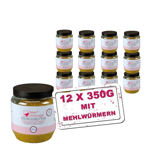 Erdnussbutter mit Mehlwürmern 12 x 350g, nährstoffreiches Fettfutter mit Sonnenblumenkerne für Wildvögel und Gartenvögel. Ganzjähriges Weichfutter für Ihre Vögel, ohne Gentechnik von Mein Wildvogel