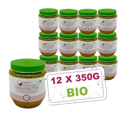 Mein Wildvogel MeinWildvogel Bio Erdnussbutter 12x 350g, nährstoffreiches Fettfutter mit Sonnenblumenkerne Gartenvögel. Ganzjähriges Weichfutter/Peanut Butter für Ihre Vögel, ohne Gentechnik von Mein Wildvogel