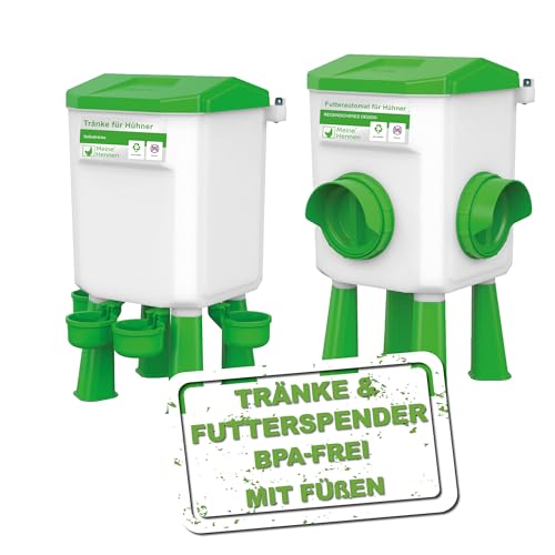 MeineHennen Futterautomat 4 Kg und Wasserspender 8 L für Hühner - abnehmbare Füße kurz und lang - hygienischer Futterspender und Geflügeltränke/Tränke im Set - BPA-Frei von Meine Hennen