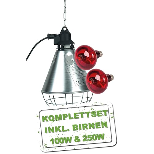 MeineHennen - Wärmelampen Set mit 100W & 250W Infrarot-Rotlichtlampen – -Schutzkorb, Keramikfassung E27, Schalter für 50% oder 100% Leistung, spritzwassergeschützt IPX4, 2,5 m Kabel, 2 m Kette MeineHennen - Wärmelampen Set mit 100W & 250W Infrarot-Rotlichtlampen – -Schutzkorb, Keramikfassung E27, Schalter für 50% oder 100% Leistung, spritzwassergeschützt IPX4, 2,5 m Kabel, 2 m Kette von Meine Hennen