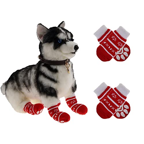 Meiwlong 4 x Weihnachts-Hundesocken, rutschfest, gestrickt, für den Innenbereich, Haustierschutz, für kleine und mittelgroße Welpen, verhindert das Lecken von Pfoten, Hartholzboden von Meiwlong