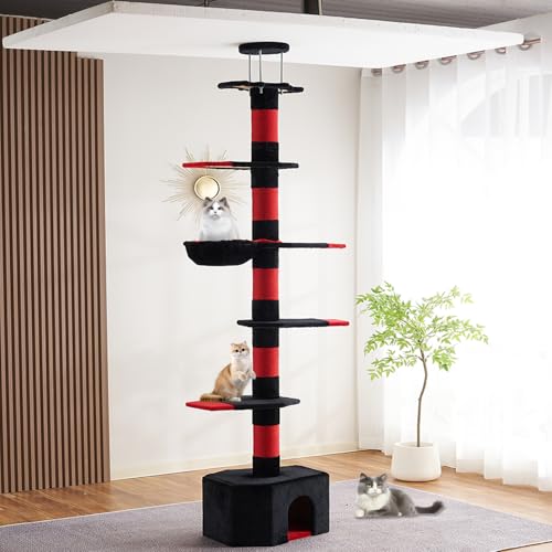 Mekidulu Kratzbaum deckenhoch, 232-280 cm hoher Katzenbaum mit Mehreren Etagen, Höhenverstellbarer,Breite von 11 cm, umwickelt mit schwarzem Samt und rotem Sisalseil.(Schwarz rot) Mekidulu Kratzbaum deckenhoch, 232-280 cm hoher Katzenbaum mit Mehreren Etagen, Höhenverstellbarer,Breite von 11 cm, umwickelt mit schwarzem Samt und rotem Sisalseil.(Schwarz rot) von Mekidulu