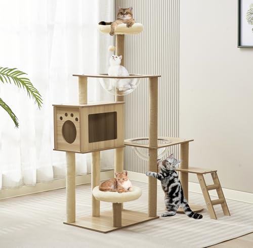 Kratzbaum, 135 cm, für Indoor-Katzen, mehrstöckige Höhle mit 2 Näpfen, 1 Haus, 2 Sitzstangen, 1 Leiter, 1 Pompons, Traggewicht 15 kg von Mekidulu
