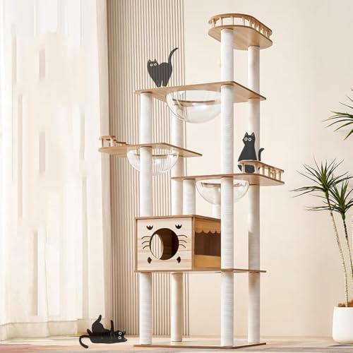 Mekidulu Kratzbaum – 185 cm großer Kratzbaum für Indoor-Katzen mit 14 weißen Kratzstämmen, 1 Haus, 3 transparente Raumkapseln, 3 Sitzstangen, 1 Höhlen, Holz-Katzenbaum (Holzfarbe 8782) von Mekidulu