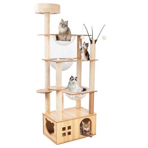 Kratzbaum für den Innenbereich, großer Katzenbaum mit Höhle, Treppe, 2 Schalen, 14 Sisal-Kratzstämme, Sitzstange oben von Mekidulu