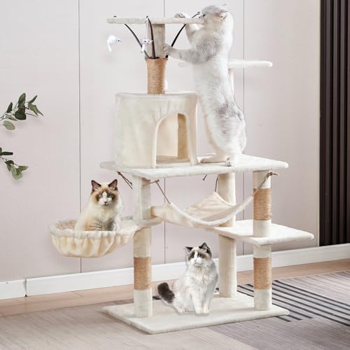 Mekidulu Kratzbaum für Indoor-Katzen – 125 cm Katzentürme für Indoor-Katzen, mehrstufiges Plüsch-Katzenhaus mit 5 Kratzbäumen, 4 Sitzstangen, Höhle, Hängematte, 3 gefüllte Mausspielzeuge, weiß, 086 von Mekidulu