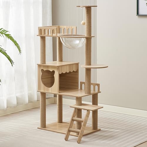 Mekidulu Katzenturm, mehrstöckig, reines Holz, moderner Baumturm mit Höhle, Treppe, Schüssel, 9 Sisal-Kratzstämme, Sitzstange, Spielzeugbälle, Katzenbaum für Indoor-Katzen, große Erwachsene (KT-022) von Mekidulu