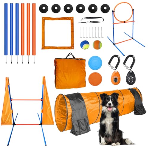 Agility-Trainingsgeräte-Set für Hunde, Outdoor-Indoor-Spiel, Reifensprung + Hürdensprung, Tunnel, Webstangen, Pause, 2 Spielzeugbälle, 2 Scheiben, 1 Pfeife, 1 Tasche, 2 Trainings-Clicker von MelkTemn