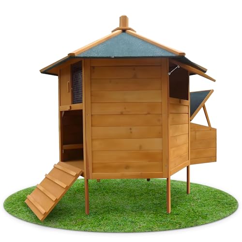 Melko Hühnerstall 6-Eck Hühnervoliere Pavillion, aus Holz, 131 x 125 cm, braun mit grüner Dachpappe, inkl. Rampe + 2 Hühnerstangen + Nestbox von Melko