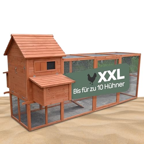 Melko - Hühnerstall braun Winterfest XXL 310x150x150cm mit Auslauf aus Massivholz - Hühnerhaus mit großzügigem Gitter - Hühnervoliere mit Rampe, Sitzstangen & Nestboxen - Für 6-10 Hühner & Kleintiere von Melko