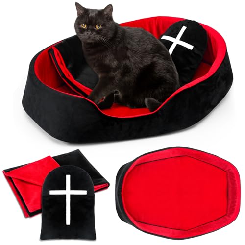 Memorywuu Katzenbett-Set im Gothic-Stil, Sarg, Katzenbett, schwarzes Grabsteinkissen, rote und schwarze Decke, Gothic-Haustiermöbel, Katzen-Aktivitätszentrum für Halloween, 3-teilig Memorywuu Katzenbett-Set im Gothic-Stil, Sarg, Katzenbett, schwarzes Grabsteinkissen, rote und schwarze Decke, Gothic-Haustiermöbel, Katzen-Aktivitätszentrum für Halloween, 3-teilig von Memorywuu