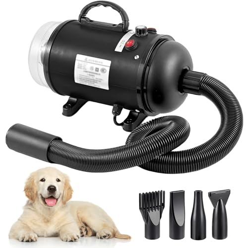 Hundefön Hundetrockner, 2800W Blower Hundefön Sehr Leise Pet Dryer, Einstellbare Geschwindigkeit, 2 in 1 Tierhaartrockner mit Tierhaar Staubsauger, Hundepflege-Trockner-Gebläse mit 4 Düsen (Schwarz) von Memows