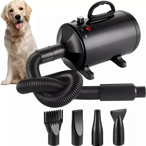 Memows Hundefön Hundetrockner, 2800W Profi Blower hundefön, Einstellbare Geschwindigkeit und Wärme, Pet Dryer Haustier Haartrockner Hundepflege -Trockner-Gebläse mit 4 Verschiedenen Düsen (schwarz) von Memows