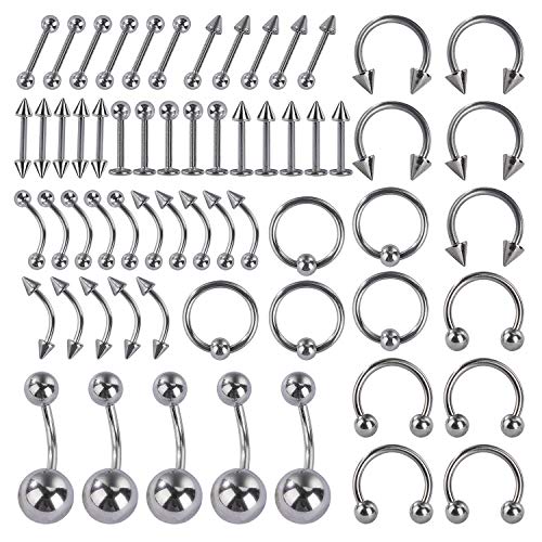 MengH-SHOP Piercing Schmuck Set Barbell für Lippe Bauch Nase Zunge Ohr Brustwarze Augenbrauen Knorpel Hufeisen Rings 60 Stück 12 Stile von MengH-SHOP