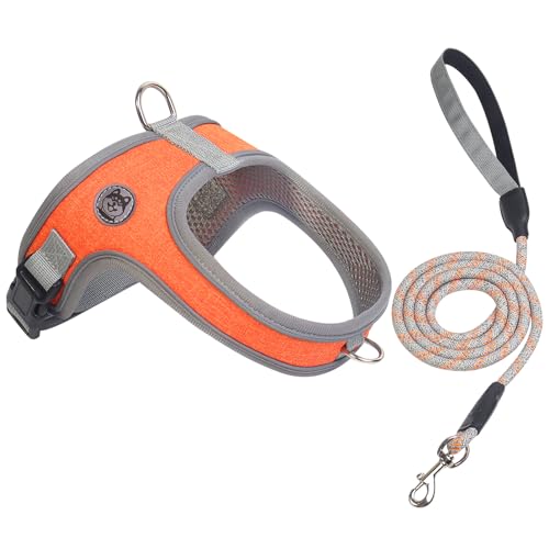 Hundegeschirr und Leine, kein Ziehen, Sattel-Stil, Haustiergeschirr, atmungsaktives Netzgewebe, verstellbar, reflektierend, Hundeweste für Hunde und Katzen, Größe M, S, 2 D-Ringe, Orange, M von Mengbei tribe