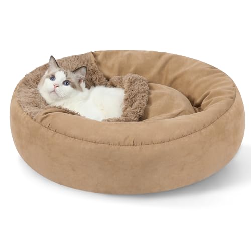Mengelina Kleines Hundebett mit Kapuzendecke, waschbares Welpenbett mit Bezug, gemütliches Höhlen-Hundebett für kleine Hunde und Katzen, Donut-Haustierbett mit rutschfester Unterseite (Braun, klein) von Mengelina