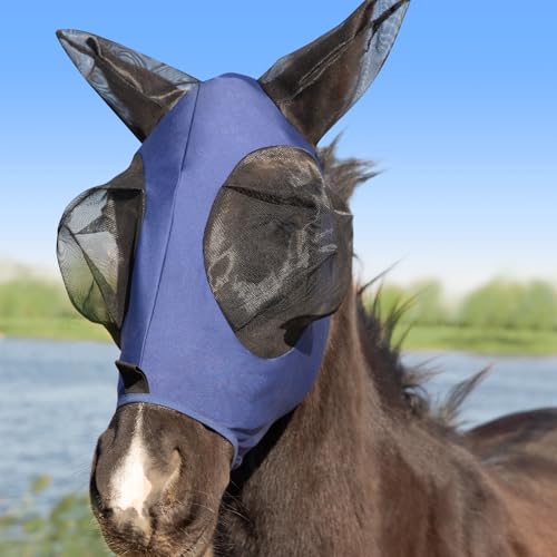 Dehnbare Pferd Fliegenmaske mit Ohren Menjo Outdoor UV-Schutz Fliegenmaske für Pferde, Hoch Atmungsaktiv Bequem Fliegenmaske Pferd Navy Voll von Menjo