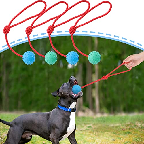 Meooeck 4 Stück Vollgummi-Seilball 5.9 cm Hundeball auf Seil, Hundetrainingsspielzeug, Hundeball mit Seil, robustes Seil, Hundespielzeug für Welpen, Apportieren, Spielen und Bewegung, 2 Farben von Meooeck