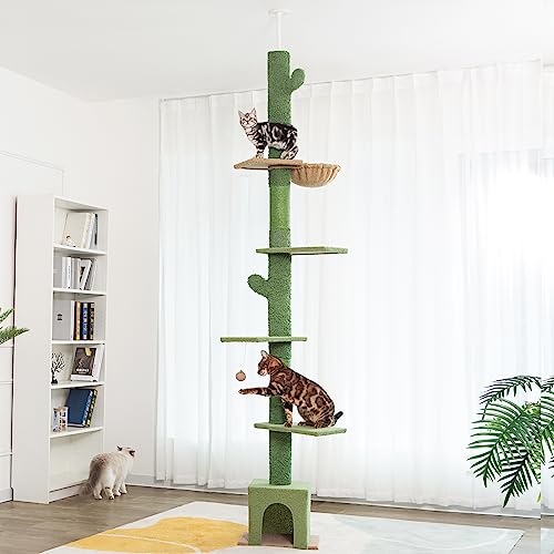 Meow Sir Kratzbaum vom Boden bis zur Decke, verstellbare Höhe [208–275 cm), 6 Etagen, Turm, passend für 2,5 - 2,7 m Decke, mit Katzenhaus-Hängematte und Sisal-überzogenem Pfosten für Indoor-Katzen, von Meow Sir