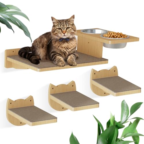 MeowHomm Katzen-Wandregale, Holz Katzenwandmöbel mit 3 Katzenwandstufen, Katzenfutterregal mit 2 Katzenfutterschalen, Holz Katzenbett Möbel Wandmontage von MeowHomm