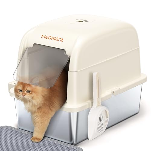 MeoWant Katzenklo Edelstahl Mit Deckel,81 L Großes Kapazität Abnehmbare Dreischichtige Geschlossene Geruchsdichte Katzentoilette Mit Hohem Zaun Für Mittelgroße Und Mittelgroße Bis Große Katzen(Weiß) von Meowant