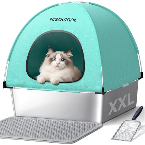 Meowant Katzentoilette aus Edelstahl mit Deckel, quadratisch geschlossene Metall-Katzentoilette mit abnehmbarem hochseitigem Oxford-Gewebe-Zelt & Metallschaufel & Matte, Anti-Auslaufen, nicht klebrig, von Meowant