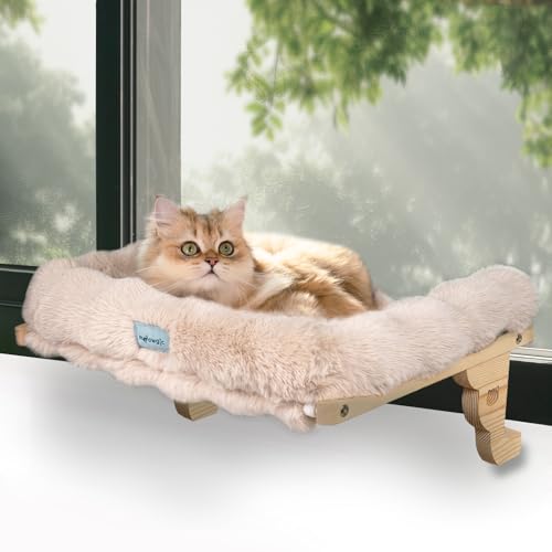 Meowgic Katzenfensterstange, Flauschige Katzenhängematte, langlebiges Fenster-Katzenbett mit starken Saugnäpfen & Haken, abnehmbares Kissenbett, für Fensterbank und Nachttisch, Holz- & Metallrahmen von Meowgic