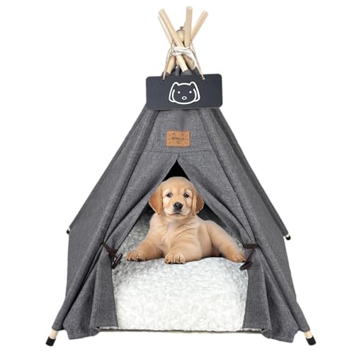 Meowmellow Tipi Zelt für Haustiere Hundezelt Katzenzelt mit Plüschkissen Haustierzelte Häuser für Katzen und Hunde Hundehöhle und Haustierhäuser Wegklappen Haustier Zelt Möbel 60x60x70cm von Meowmellow