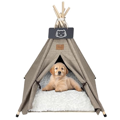 Meowmellow Tipi Zelt für Haustiere Hundezelt Katzenzelt mit Plüschkissen Haustierzelte Häuser für Katzen und Hunde Hundehöhle und Haustierhäuser Wegklappen Haustier Zelt Möbel 60x60x70cm von Meowmellow