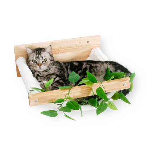 Meowoou Katzenhängematte zur Wandmontage, Wandbett für Kätzchen, Vollgummi-Holz Katzenmöbel, Flanell Katzenregale, Wandregale zum Schlafen, Klettern, Spielen und Faulenzen von Meowoou