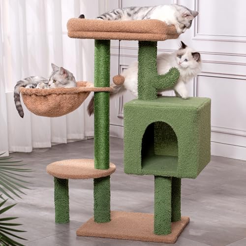 Meowrista Kaktus Katzenbaum Kleiner Katzenturm mit 81,3 cm Kratzbaum mit Katzenhaus,Gemütliche Hängematte und abnehmbarem Oberbett und baumelndem Ball für Indoor-Katzen, 86,4 cm, Grün von Meowrista